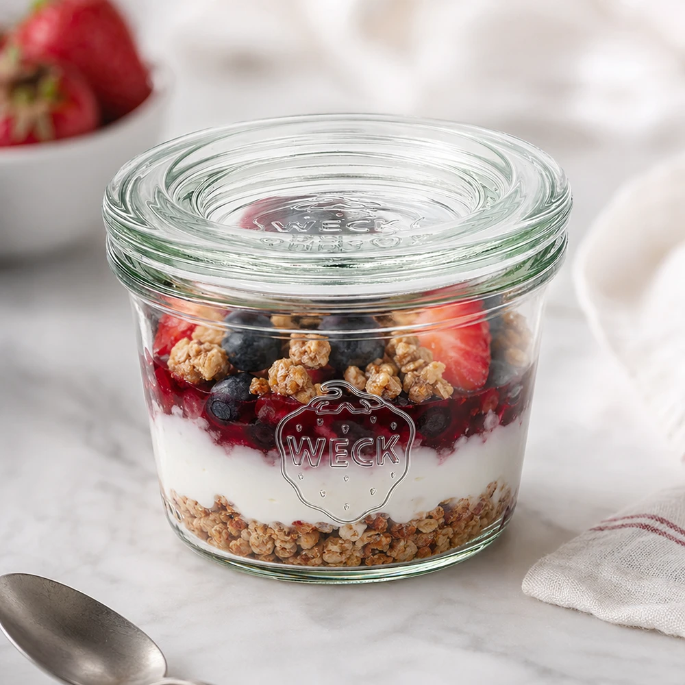 Bicchieri da 35 ml con coperchio in vetro WECK RR40 WECK 35ml RR40 mason jar con muesli allo yogurt e frutti di bosco come dessert in barattolo decorato su un piatto di marmo bianco