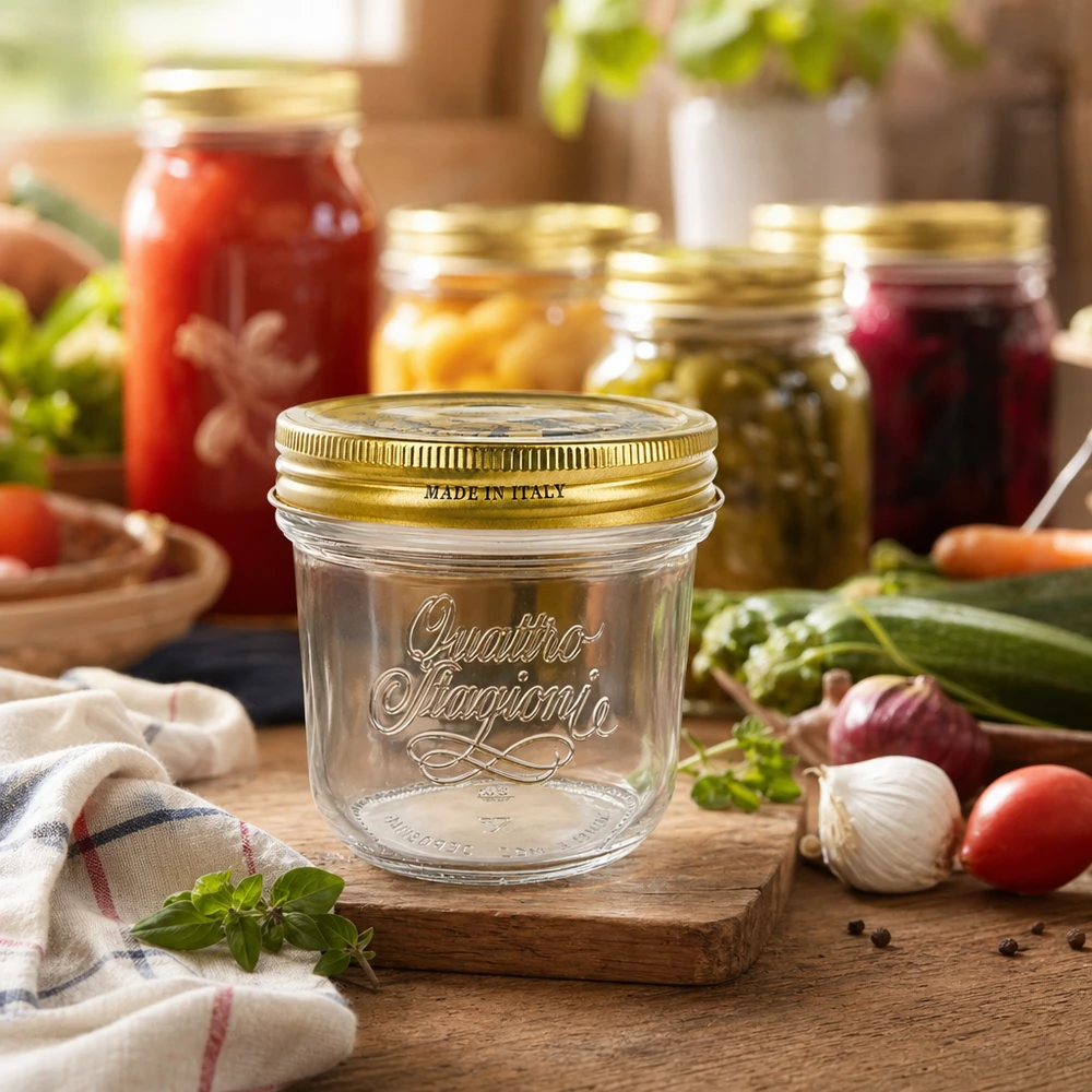 Quattro Stagioni vaso da 200 ml con coperchio dorato su tavola di legno, circondato da barattoli per conserve e verdure fresche