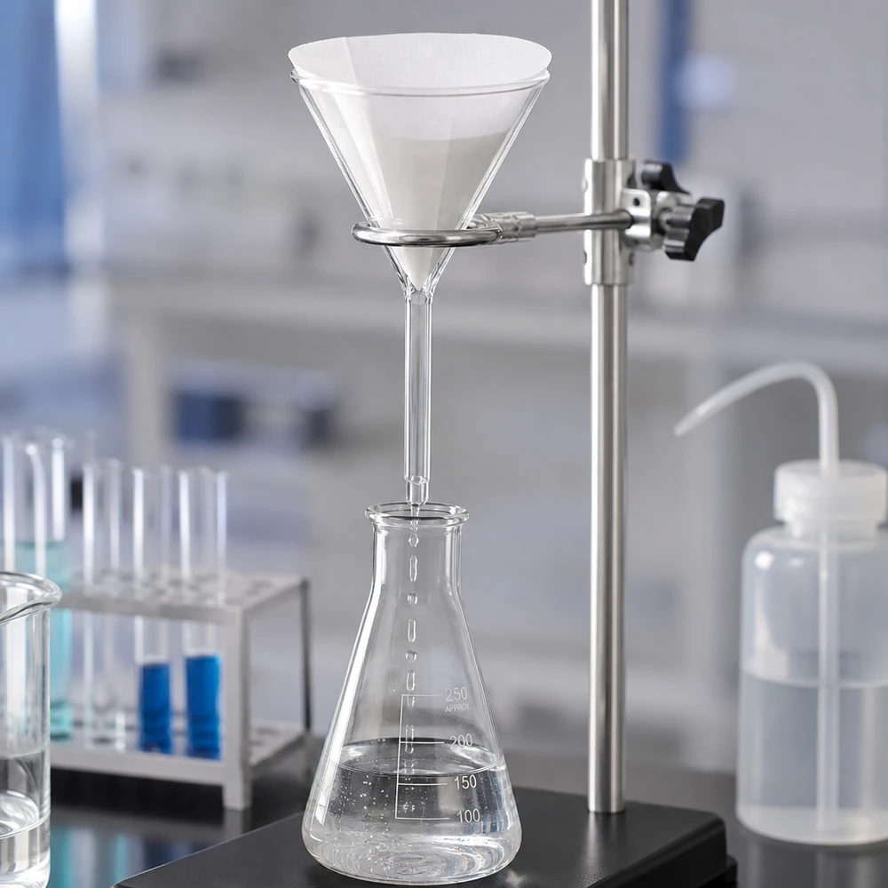 Imbuto Ø 100 mm per calce sodata, angolo 60°, stile corto Imbuto a stelo corto da 100 mm in robusto vetro sodico-calcico per analisi chimiche ed esperimenti di laboratorio