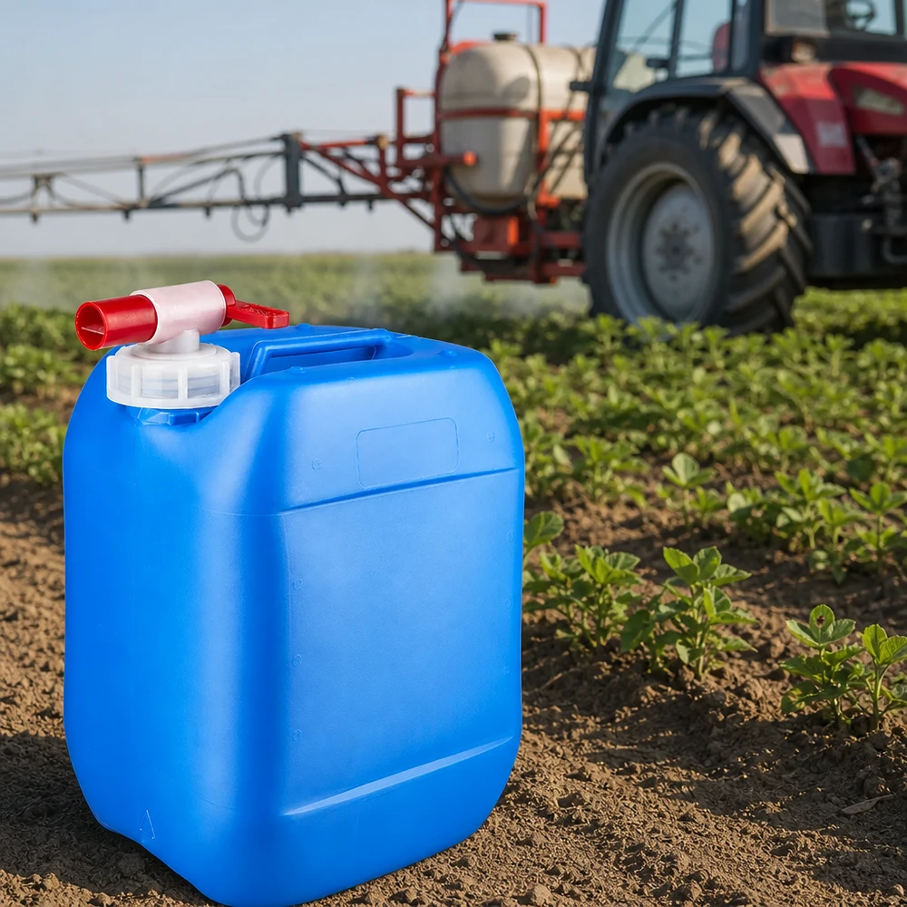 Tanica blu da 10 litri con rubinetto di scarico utilizzata in ambito agricolo davanti a un trattore con irroratrice