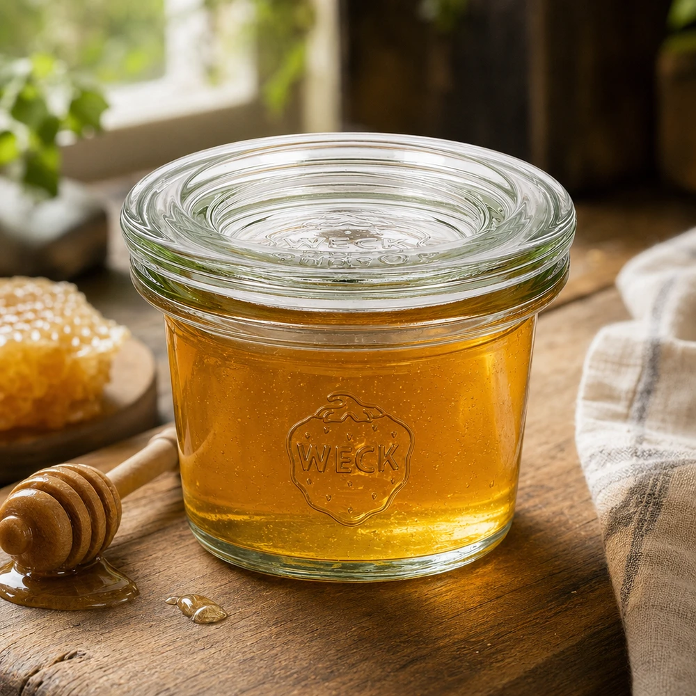 Vasetto WECK 35ml RR40 riempito di miele su una tavola di legno con cucchiaio e nido d'ape in un ambiente naturale