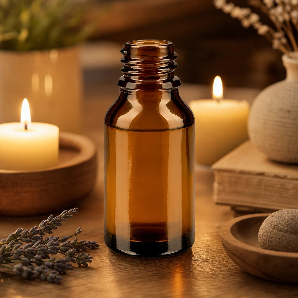Flacone farmaceutico marrone da 15 ml ApoGlas Bottiglia da 15 ml in ApoGlas marrone a lume di candela, con rametti di lavanda e accessori per il benessere su una superficie di legno.