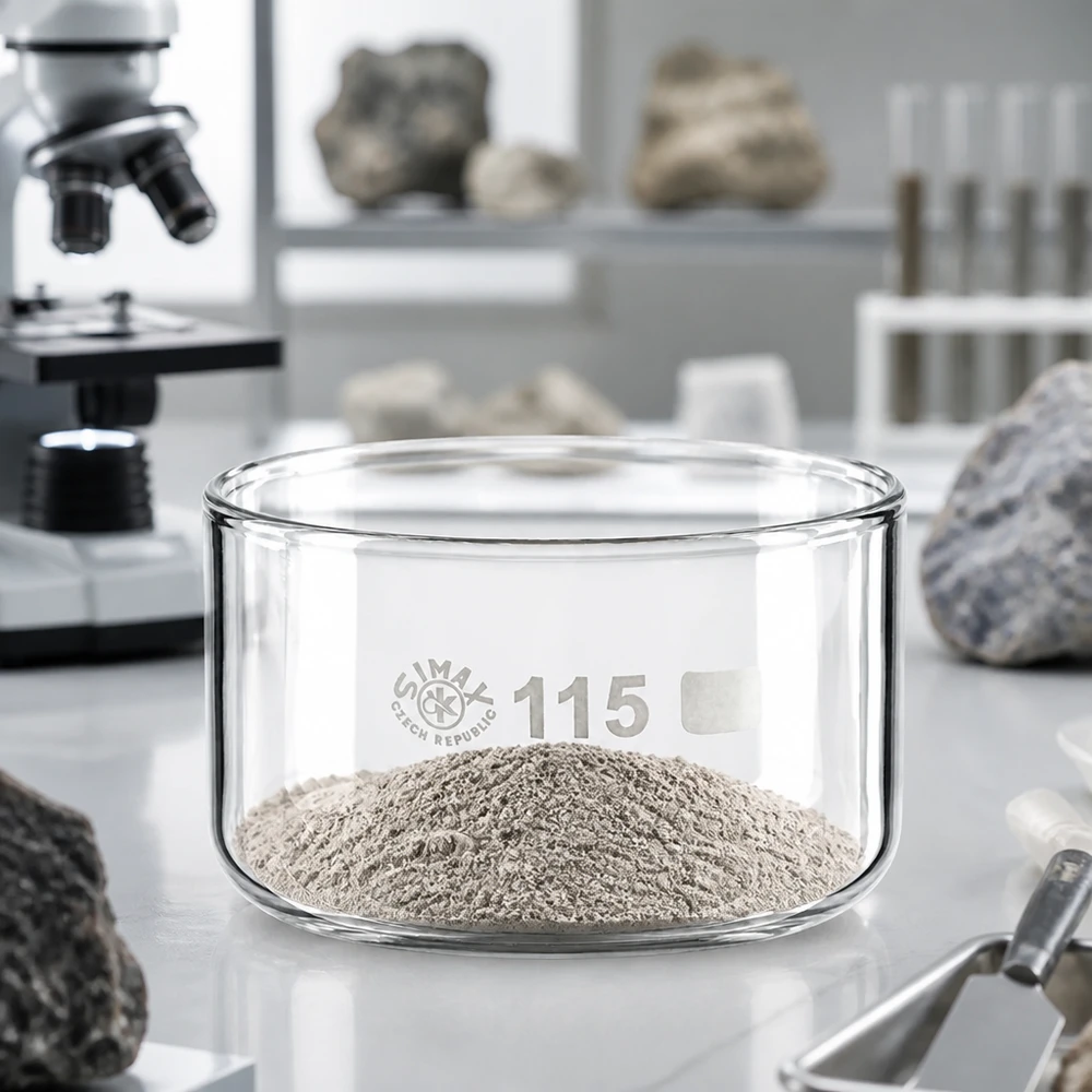 Piastra di cristallizzazione da 500 ml senza beccuccio Bo. ø115mm Vaschetta di cristallizzazione SIMAX da 500 ml con polvere minerale grigia su un piano di lavoro da laboratorio bianco