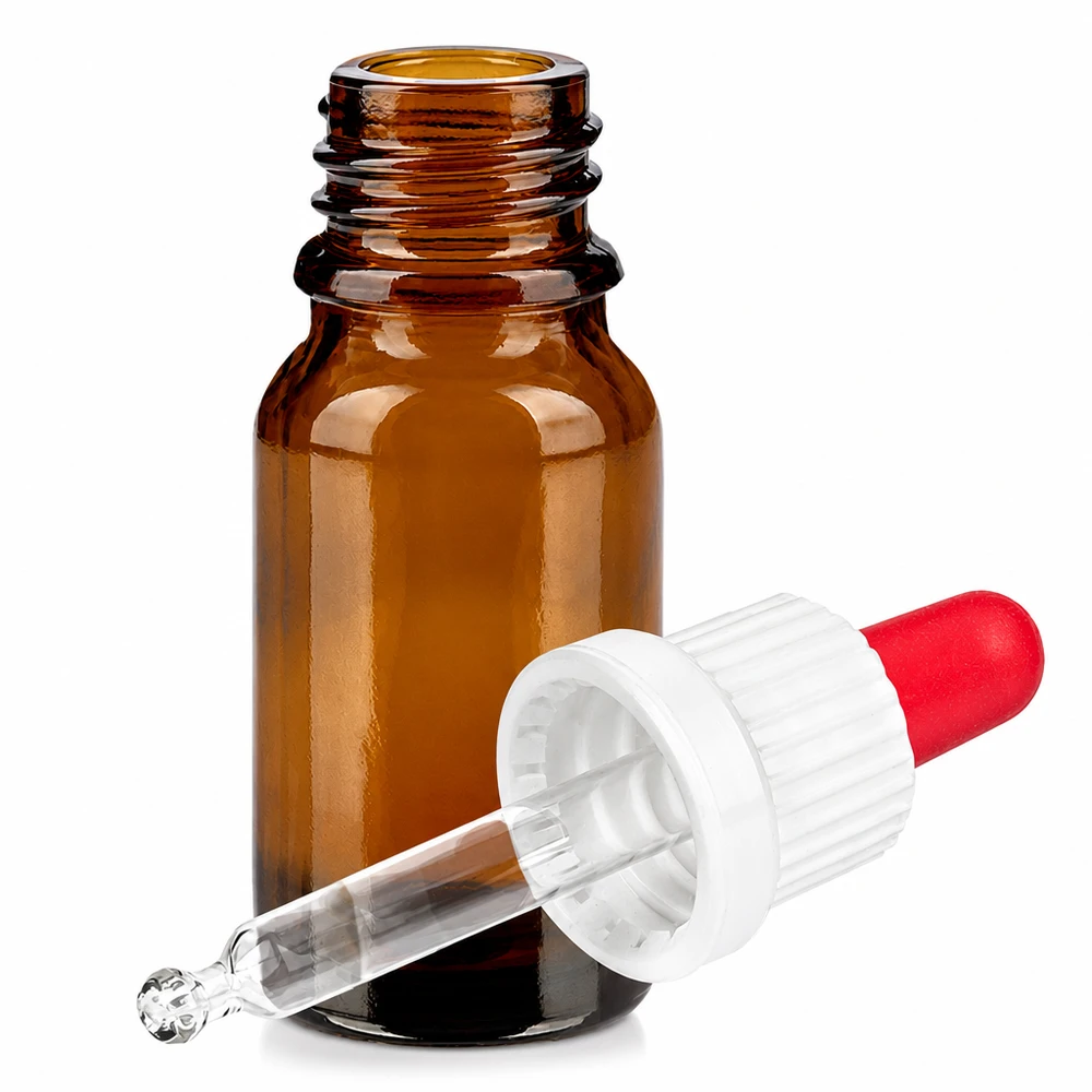 Flacone per pipette da 10 ml bianco/rosso OV BrownLine UT18/10 Flacone in vetro marrone da 10 ml con pipetta e contagocce rosso per oli essenziali e sieri