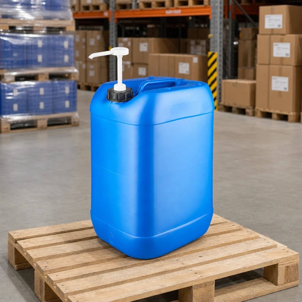 Tanica 25 litri blu con pompa dosatrice Tanica di plastica blu da 25 litri con pompa dosatrice su pallet di legno in magazzino