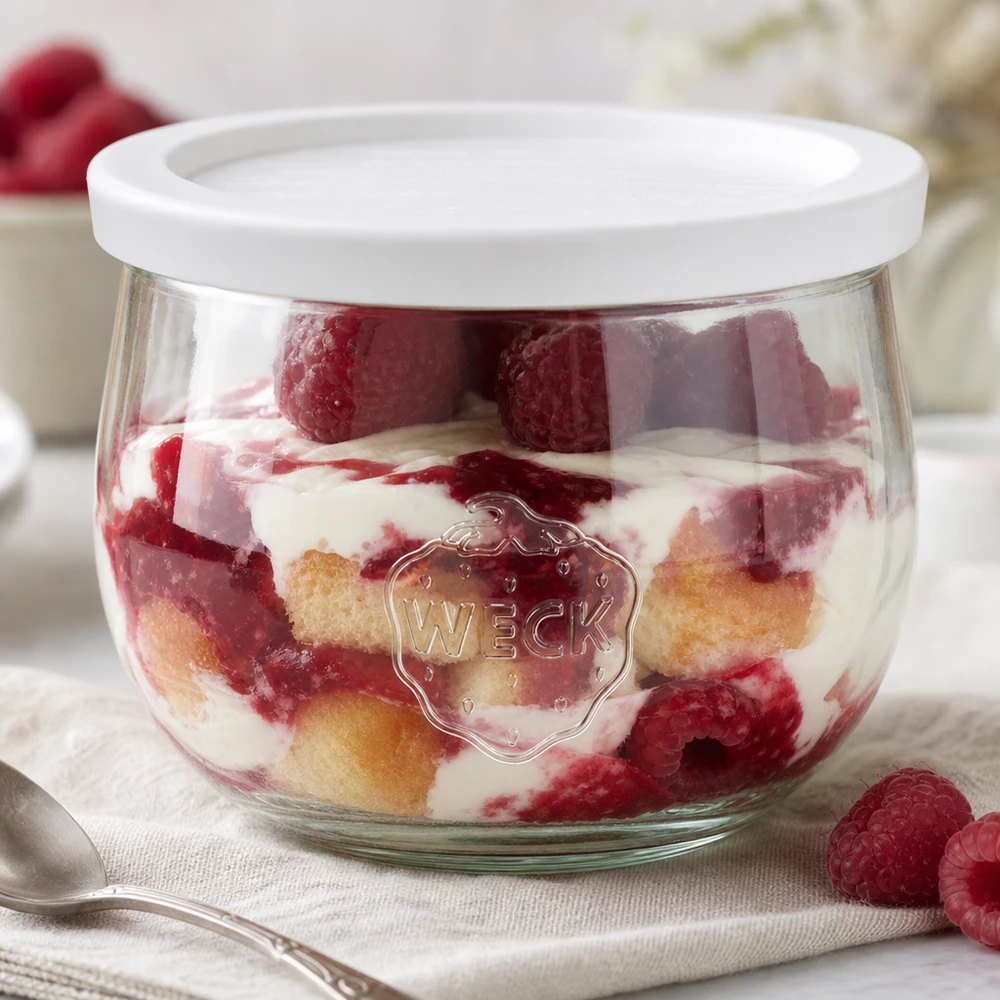 Vaso WECK a tulipano da 580 ml con coperchio fresco come ciotola per dessert a strati con lamponi e panna