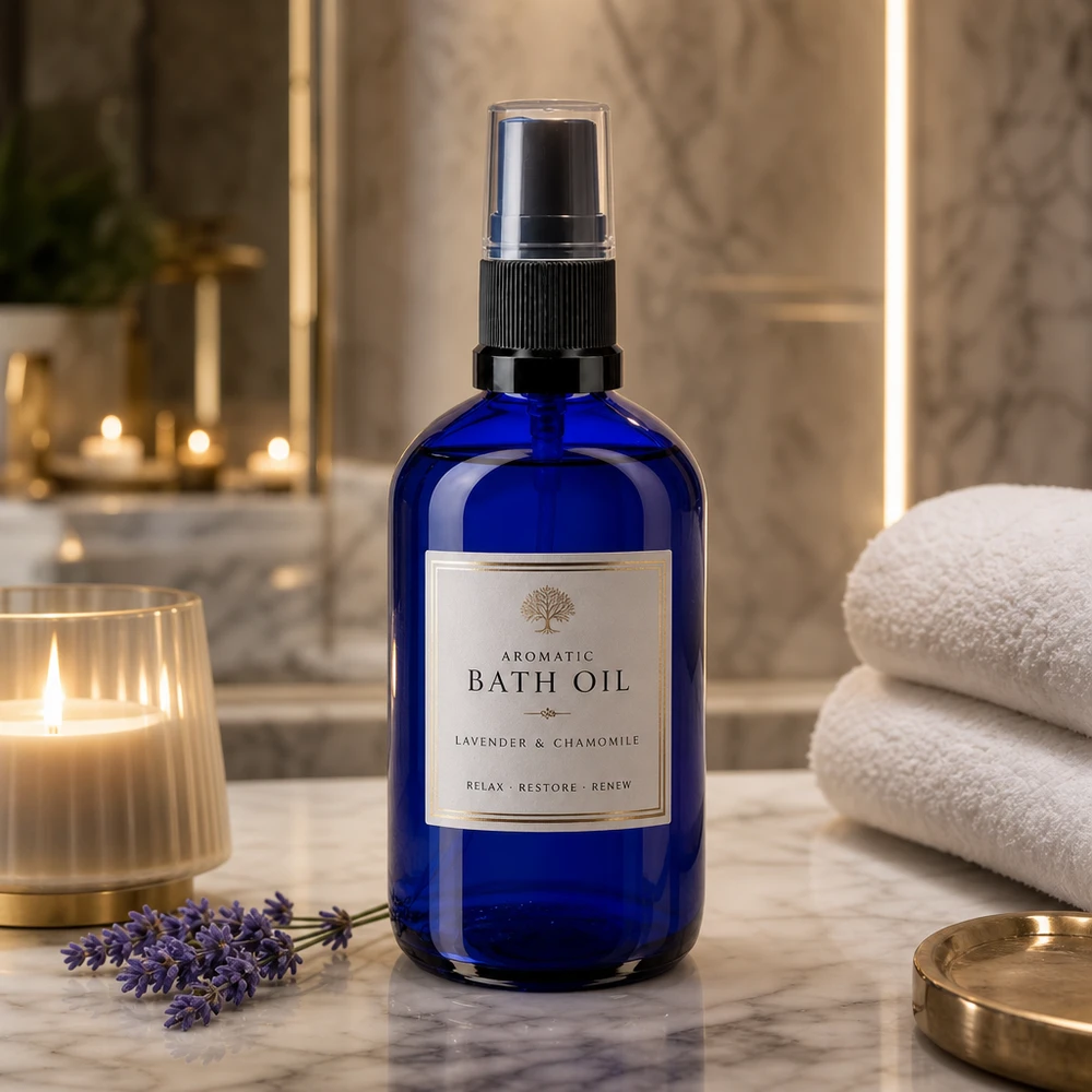 Flacone spray blu da 100 ml in vetro da farmacia con etichetta “Aromatic Bath Oil” su sfondo marmorizzato