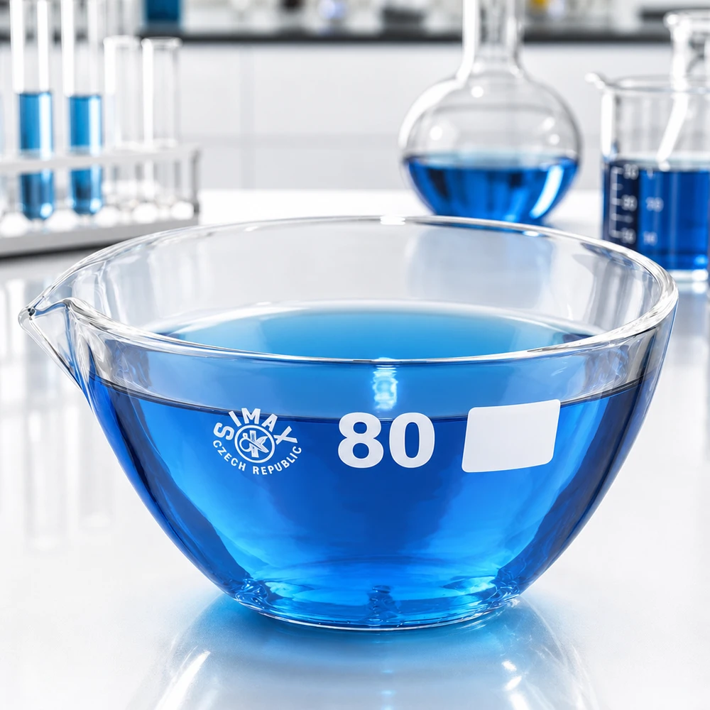 Piatto di evaporazione da 90ml con beccuccio in borosilicato ø80mm Piatto di evaporazione da 90 ml resistente agli agenti chimici con beccuccio, perfetto per sintesi e work-up