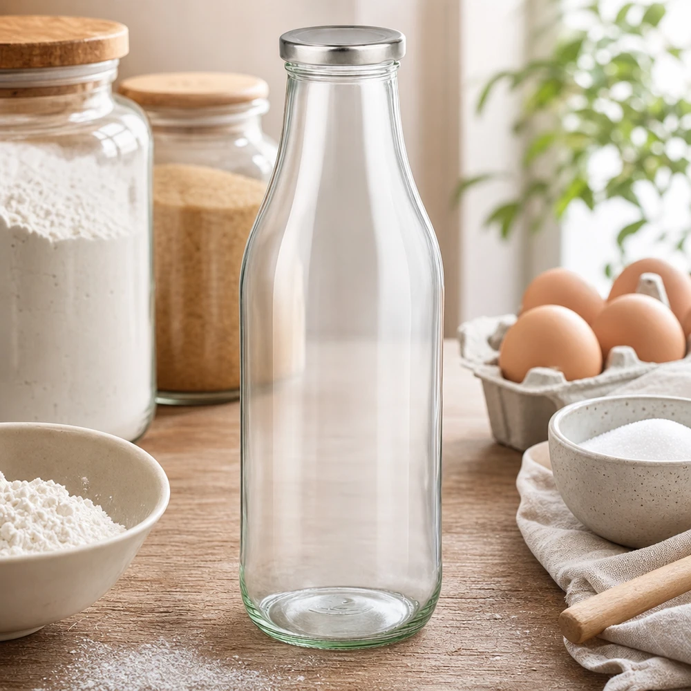 Bottiglia di vetro da 1000 ml + coperchio BasicSeal argento UN.. Glasflasche 1000ml in stilvoller Küchenumgebung mit Backzutaten und Dekoration für den täglichen Gebrauch