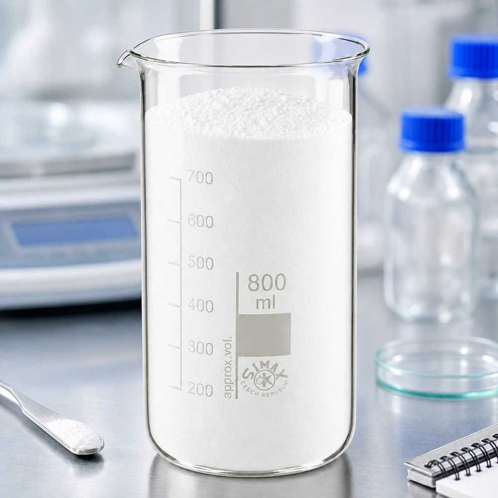 Bicchiere da 800 ml in vetro borosilicato, forma alta Becher da 800 ml a forma alta riempito di polvere bianca su una bilancia da laboratorio, tavolo in acciaio inossidabile SIMAX