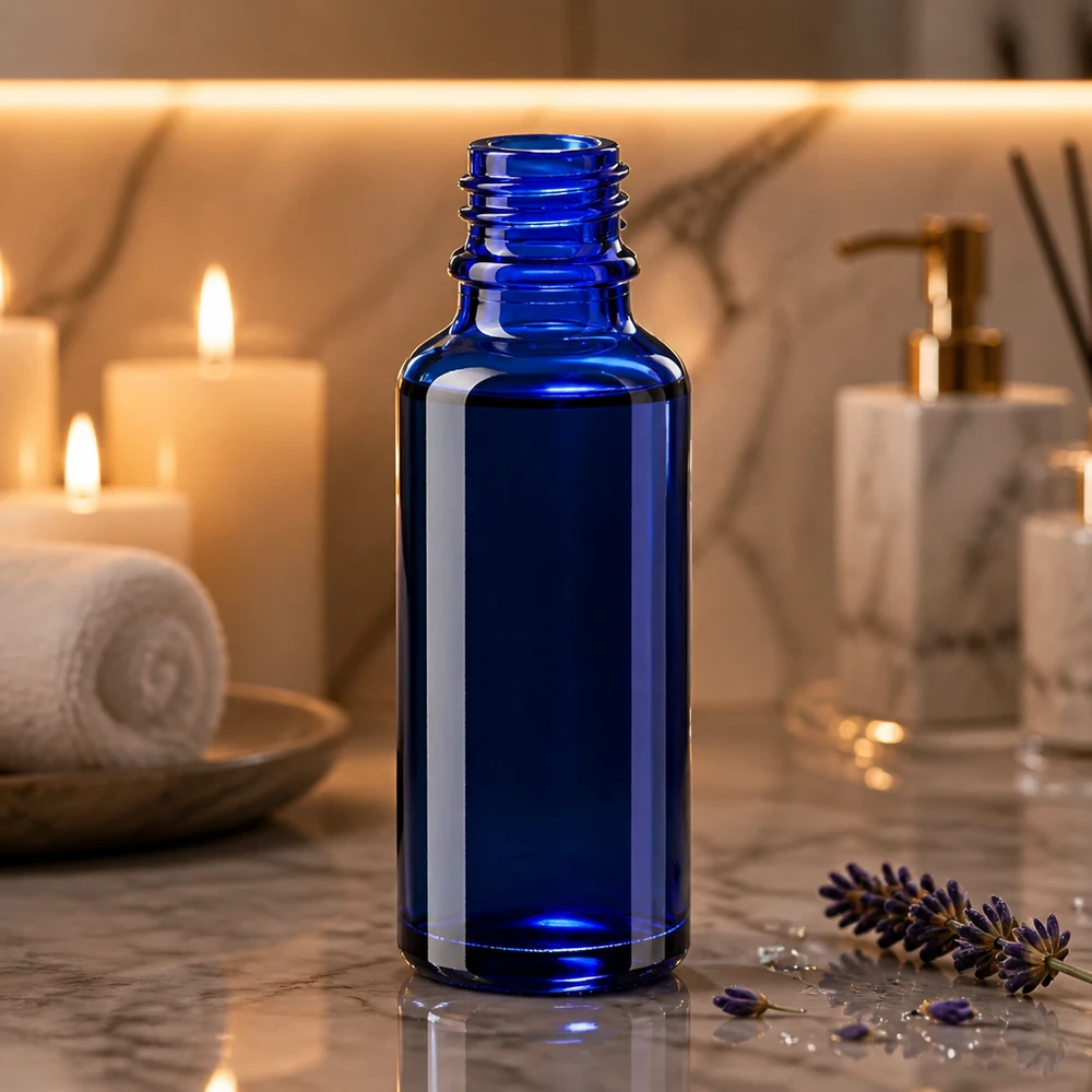 Flacone farmaceutico blu da 30ml ApoGlas Flacone di vetro blu da 30 ml ApoGlas su una base di marmo con lavanda e candele in un’atmosfera da spa