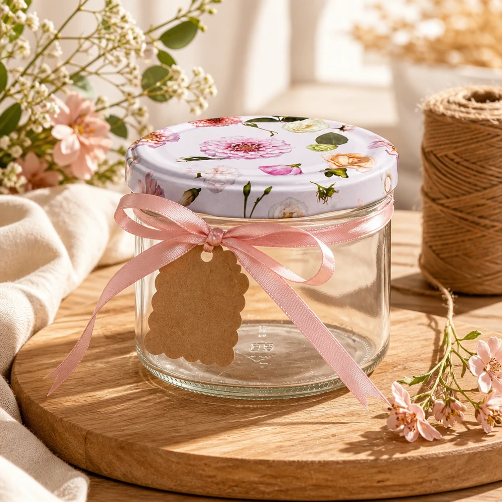 Barattolo di vetro da 225 ml + coperchio BasicSeal rosa UN... Vasetto da 225 ml con coperchio a fiore rosa decorato con fiocco e etichetta regalo su vassoio di legno