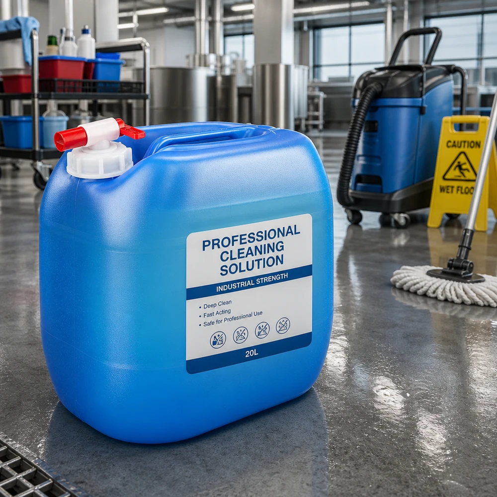 Tanica 30 litri blu con rubinetto di scarico Grande tanica blu per detergenti da 30 litri con rubinetto di scarico in un capannone industriale professionale