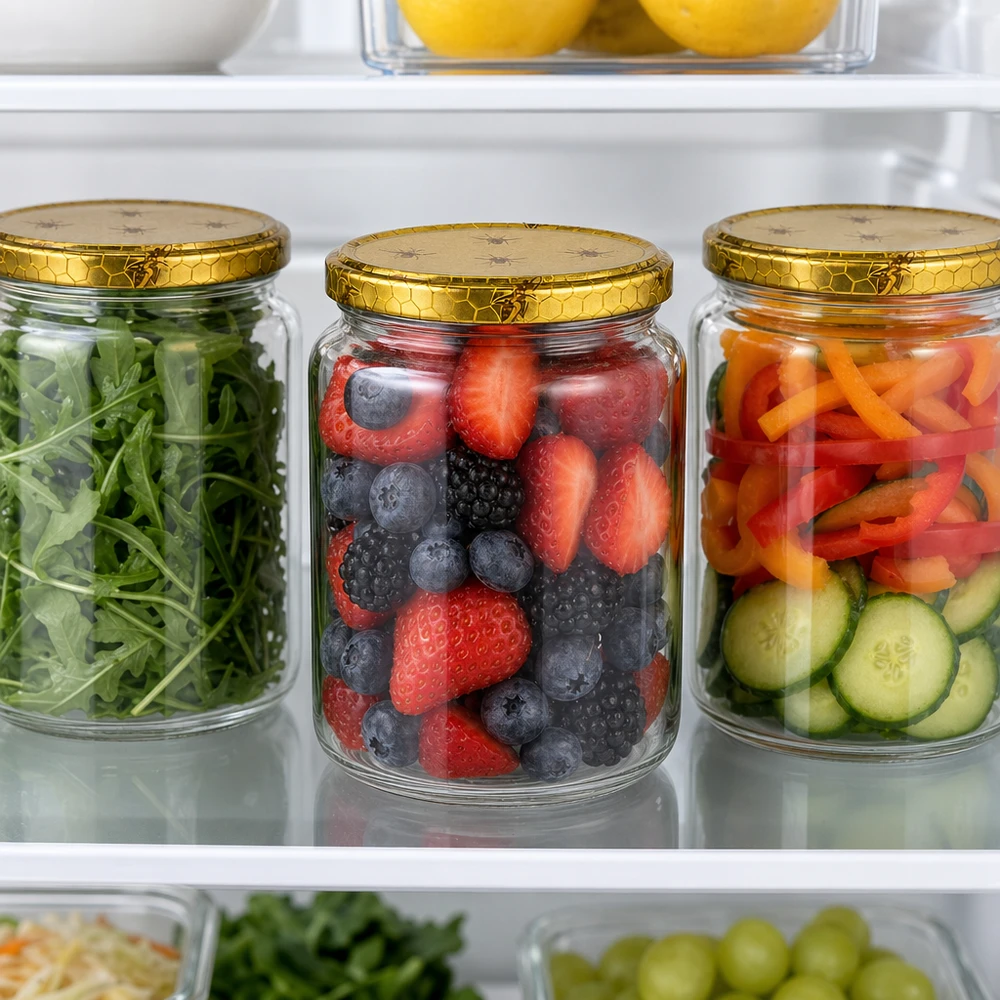 Vasetto per miele da 1000 g con capsula con motivo a favo BasicSeal UNiTWIST Vasetto di miele da 1000 g con coperchio a nido d'ape dorato in frigorifero tra frutta e verdura Conservazione Apicoltura