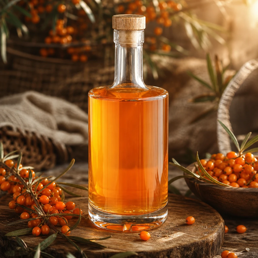 Bottiglia in vetro da 500 ml Nora con tappo in sughero con impugnatura in legno UNiTWIST® Bottiglia in vetro da 500 ml Nora con liquore all'olivello spinoso arancio tappo in legno UNiTWIST tavola di legno di presentazione rustica bacche