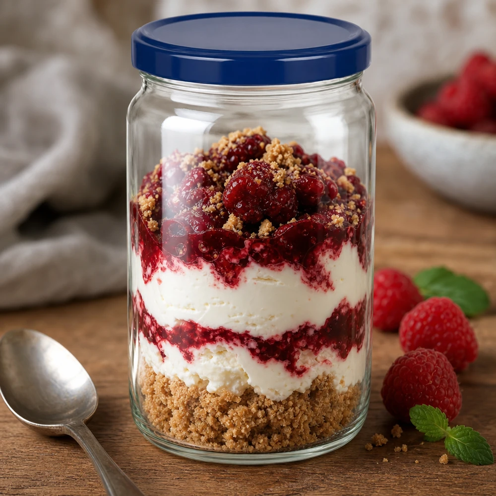 Barattolo rotondo da 795 ml + coperchio BasicSeal blu UNiTWIST Bicchiere rotondo da 795 ml con coperchio blu UNiTWIST riempito con un dessert a strati di crema ai frutti di bosco e briciole di biscotto su un tavolo di legno