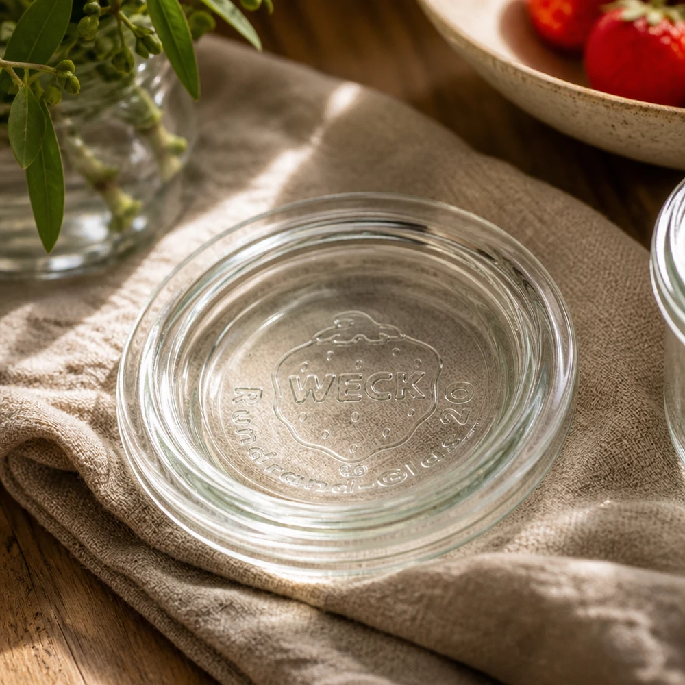 Coperchio di barattolo WECK RR40 su asciugamano da cucina con decorazione - presentazione elegante per una conservazione sostenibile