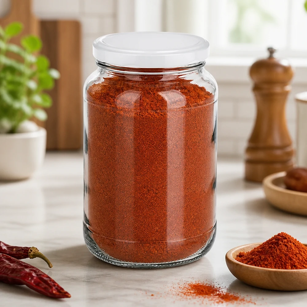 Barattolo rotondo da 1700 ml con coperchio BasicSeal bianco UN.. Il barattolo rotondo da 1700 ml riempito di paprika in polvere mostra l'uso pratico come barattolo per spezie con la chiusura BasicSeal