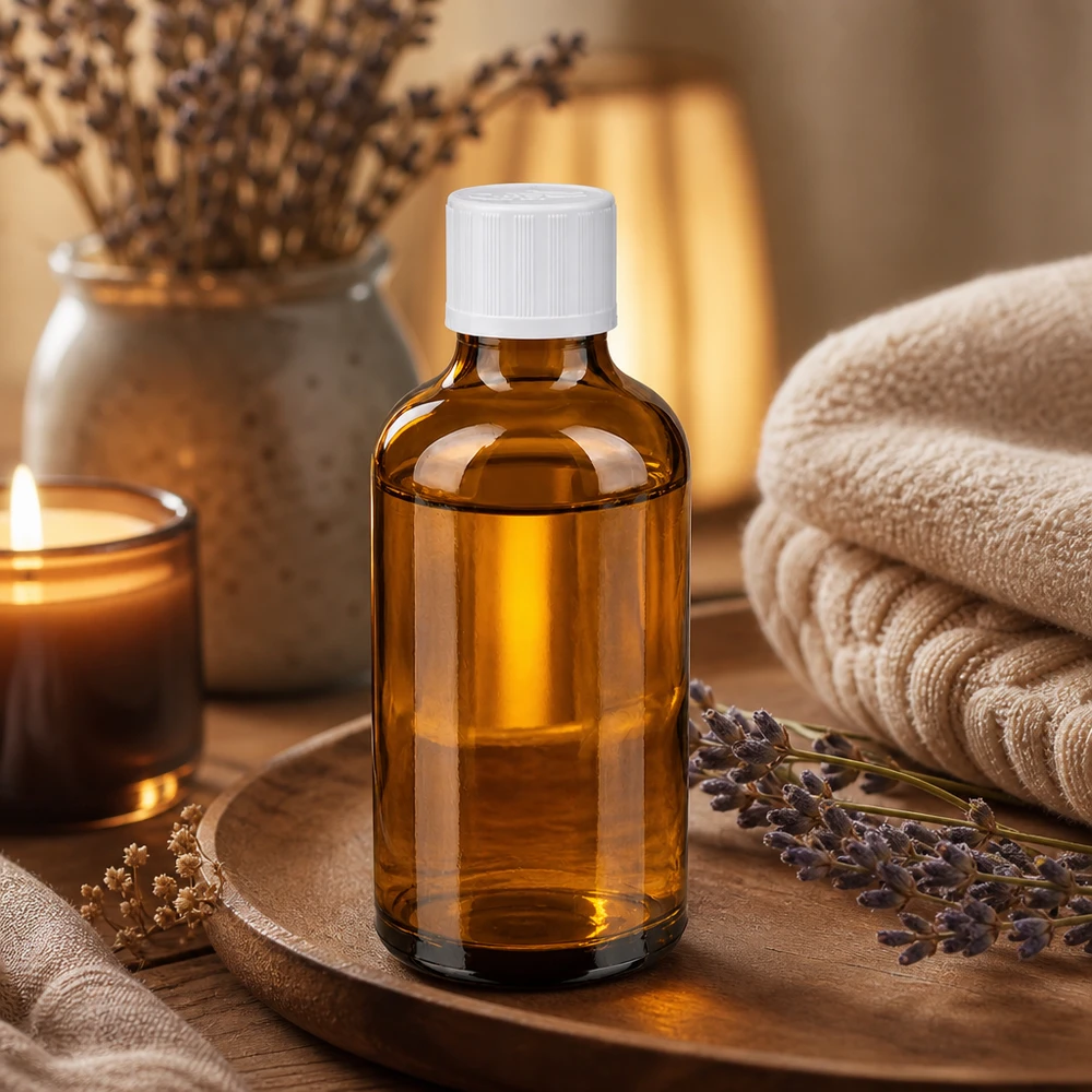 Bottiglia da farmacia marrone da 50 ml. SV STD KiSi bianco/11 mm ApoGlas Piccolo flacone in vetro ambrato da 50 ml con tappo di sicurezza per bambini bianco, su vassoio di legno con lavanda
