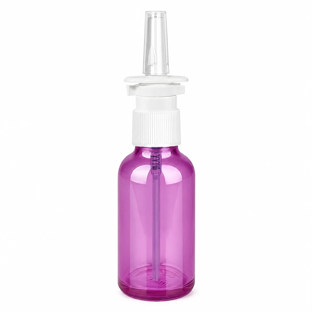 Flacone spray nasale da 30 ml bianco/trasparente standard PurpleLine. UT18/30 Flacone spray nasale compatto da 30 ml con ottica viola trasparente per il risciacquo nasale
