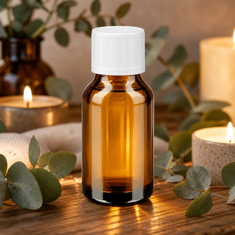 Flacone da farmacia da 30 ml in vetro ambrato con tappo a scatto bianco e chiusura di sicurezza per bambini, per oli essenziali