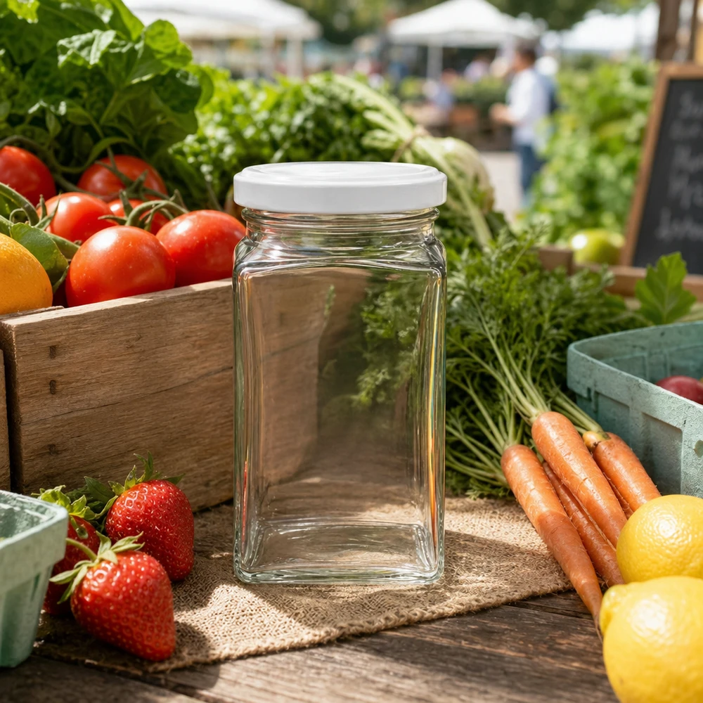 Barattolo tetra da 260 ml con coperchio BasicSeal bianco UNiTWIST. Bicchiere tetra da 260 ml BasicSeal bianco su un tavolo di legno circondato da frutta e verdura fresche in un'atmosfera da mercato settimanale.