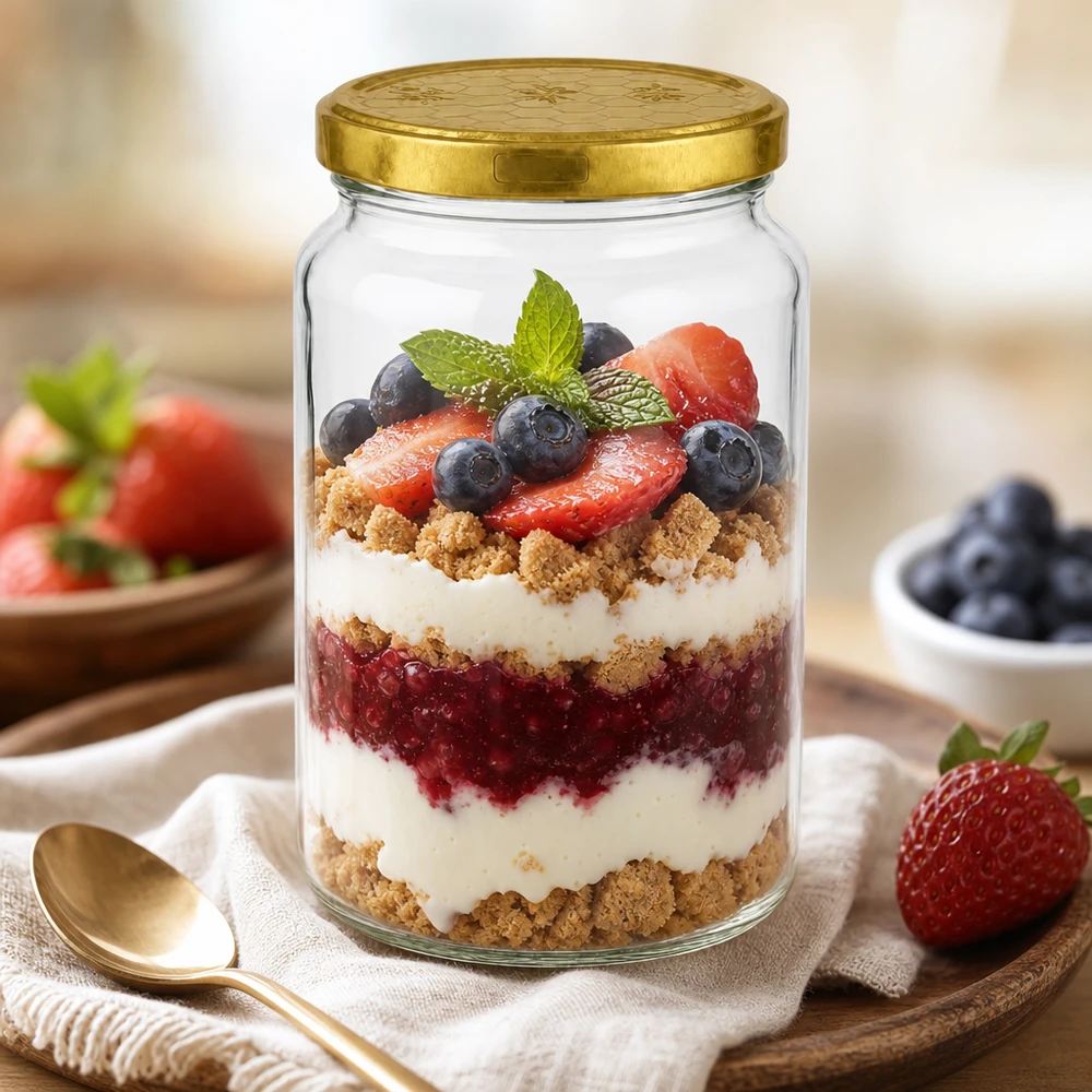 Barattolo rotondo da 795 ml + coperchio BasicSeal a nido d'ape UN.. Bicchiere rotondo da 795 ml con coperchio dorato come bicchiere da dessert per trifle ai frutti di bosco con yogurt e zuccherini