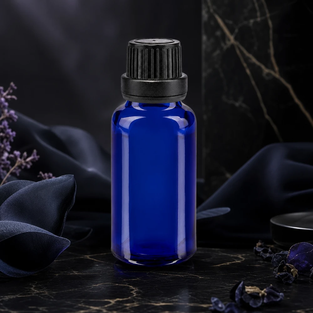 Bottiglia da farmacia blu da 20ml. SV OV nero/11mm ApoGlas Flacone in vetro da 20 ml di colore blu cobalto con tappo di sicurezza per bambini nero da 11 mm per prodotti farmaceutici