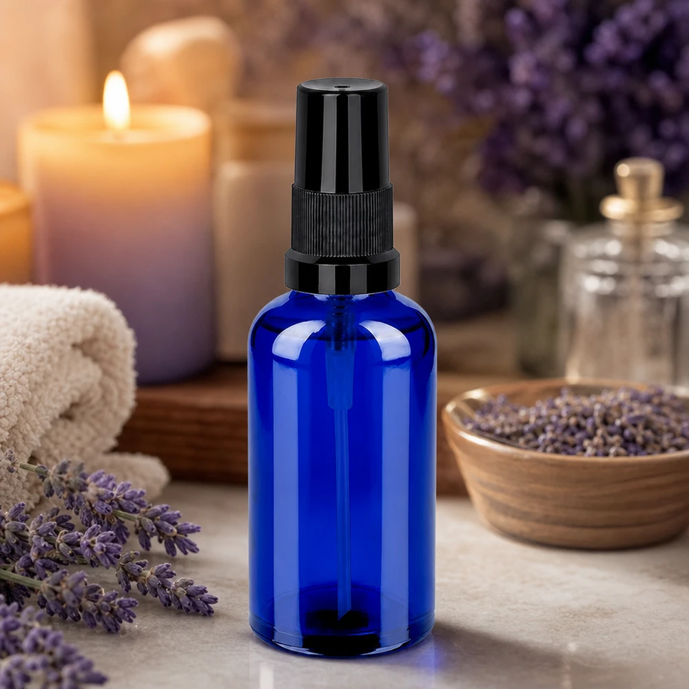 Flacone spray da 50 ml nero STD BlueLine UT18/50 Flacone spray professionale da 50 ml con protezione UV in vetro blu e sistema di spruzzatura preciso