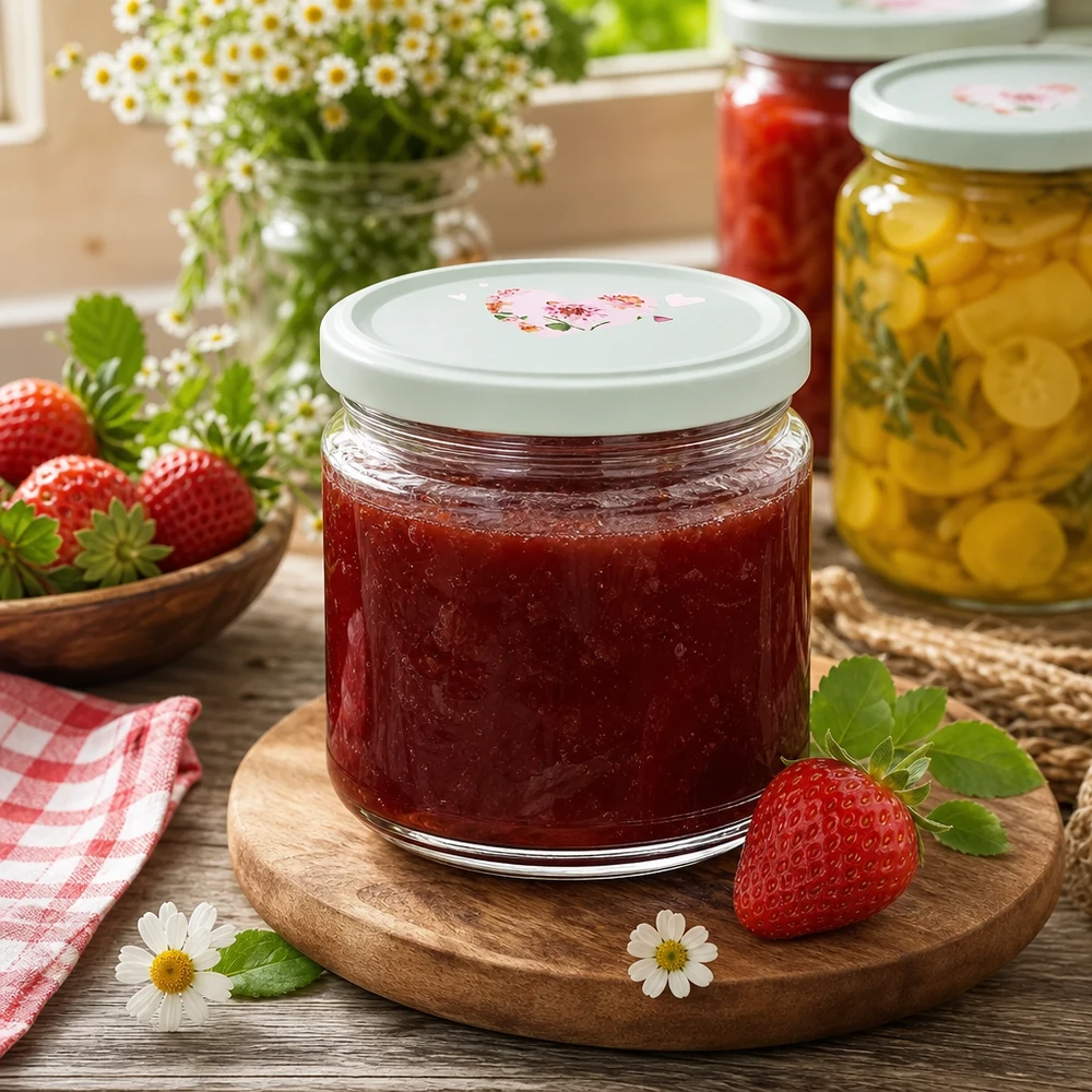 Barattolo rotondo da 330 ml + coperchio BasicSeal cuore menta UNiTWIST Vasetto rotondo da 330 ml per marmellata di fragole BasicSeal coperchio motivo a cuore menta vasetto per marmellata conserva cucina tavola di legno