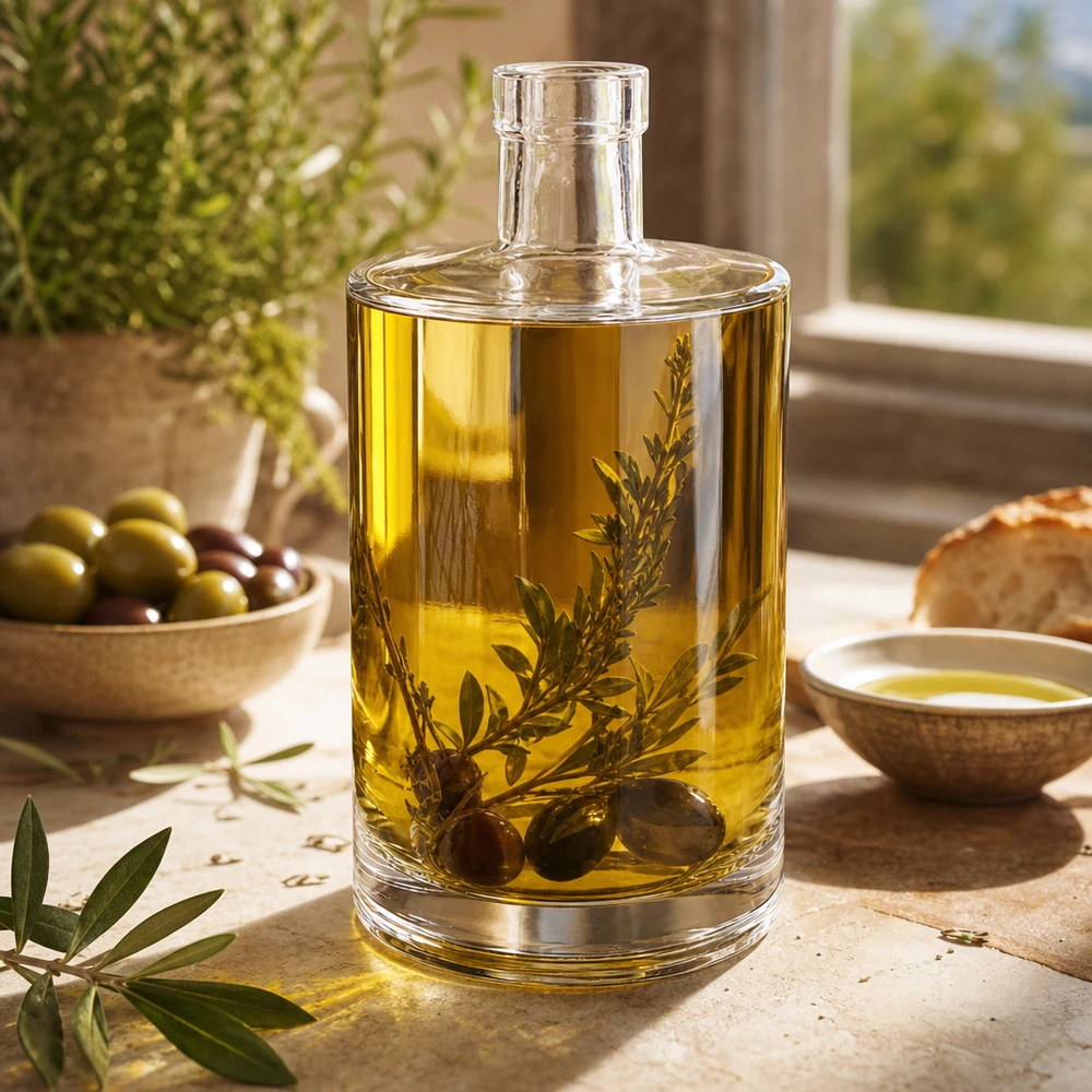 Bottiglia in vetro da 700 ml Marie senza tappo UNiTWIST® 700ml Glasflasche Marie mit Olivenöl und Kräutern befüllt auf mediterranem Tisch neben Oliven und Brot