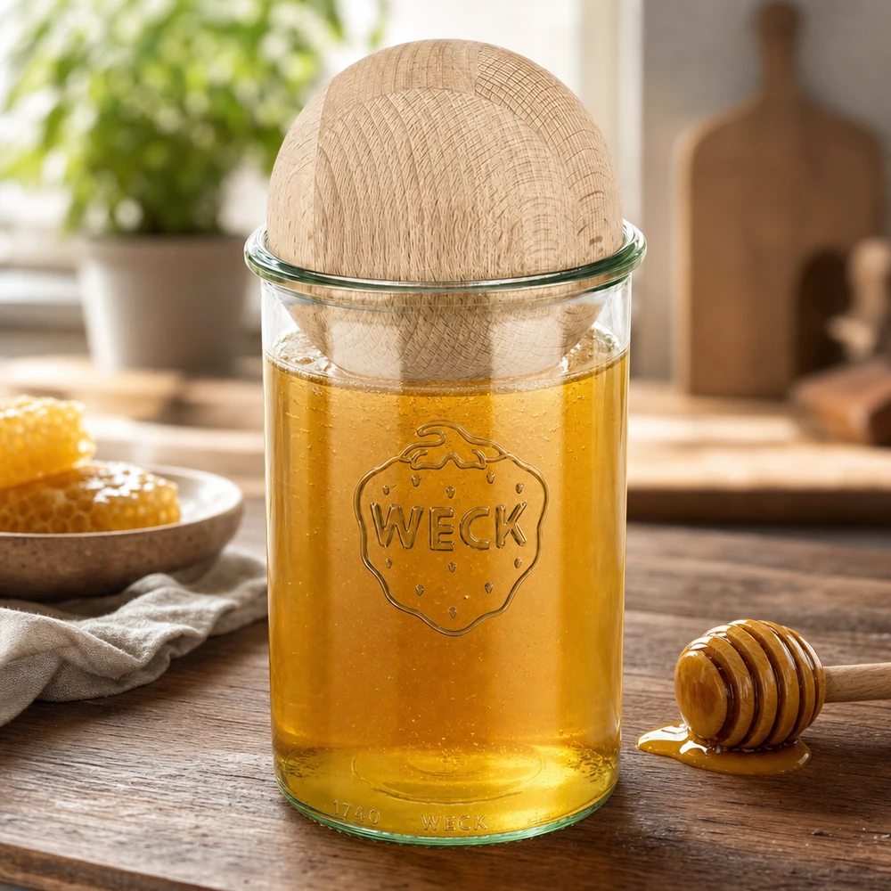 Bicchieri WECK da 1000 ml pieni di miele con coperchio a sfera in faggio, cucchiaio e nido d'ape su tavolo in legno in cucina naturale