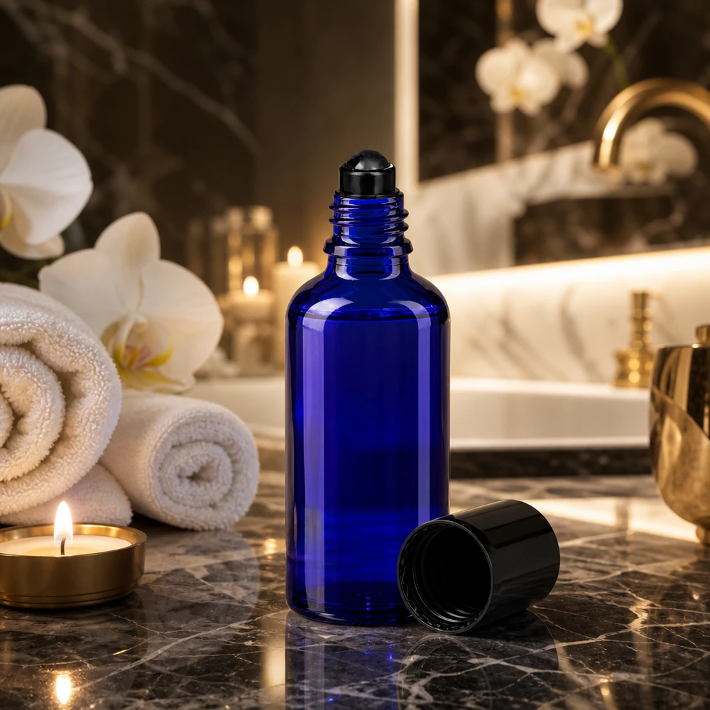 Flacone roll-on 50ml blu STD nero ApoGlas Flacone blu in vetro da farmacia da 50 ml con applicatore roll-on in un lussuoso ambiente da bagno