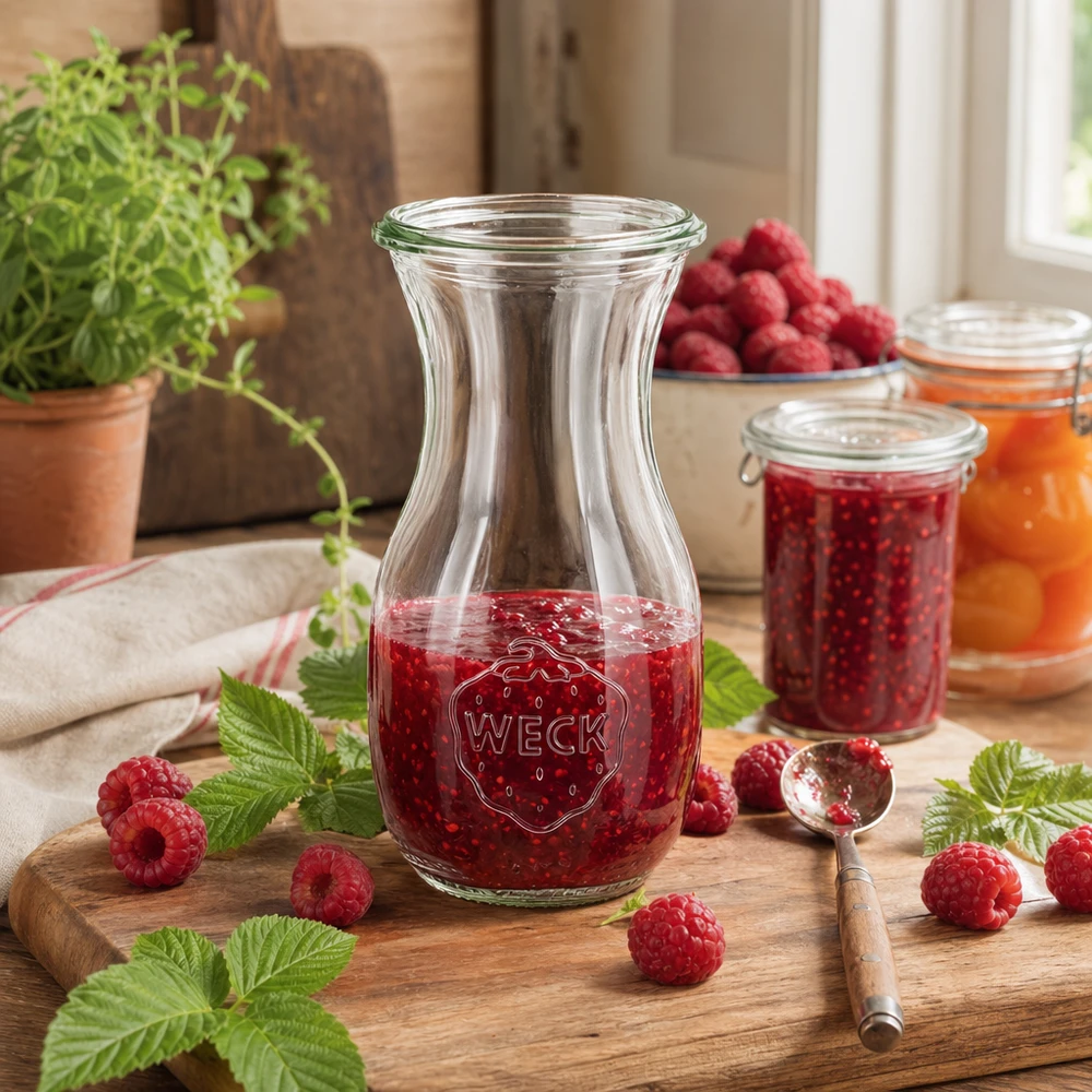 Bottiglia di succo WECK 290ml RR60 riempita di marmellata di lamponi circondata da lamponi freschi e foglie di menta su una tavola di legno