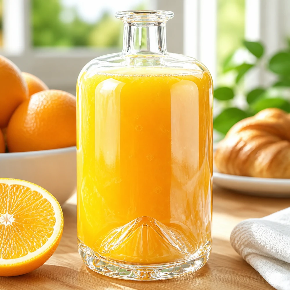 Flacone farmaceutico da 700 ml Sofia senza tappo UNiTWIST® Bottiglia in vetro da 700 ml di Sofia riempita di succo d'arancia accanto ad arance fresche e croissant in una scena di colazione soleggiata