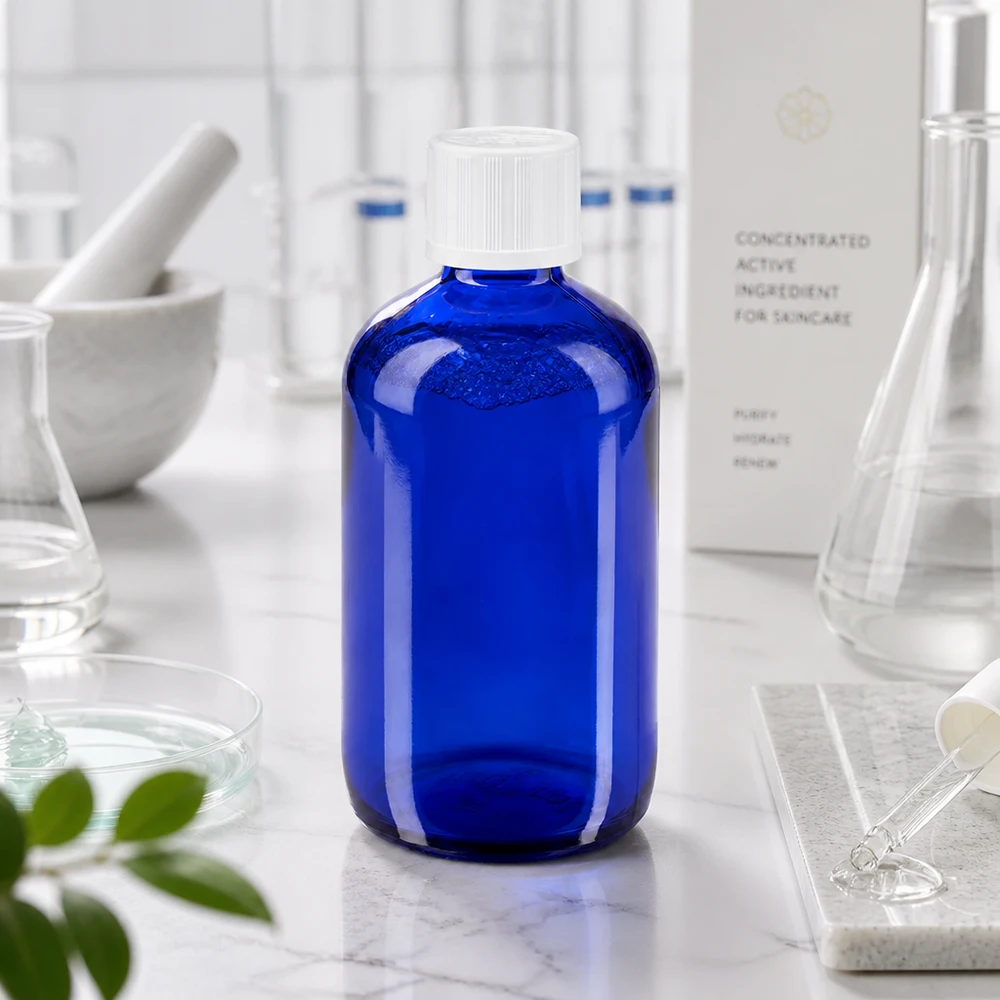 Fiaschetta da farmacia blu cobalto da 100 ml con tappo a vite bianco su un supporto in marmo in laboratorio