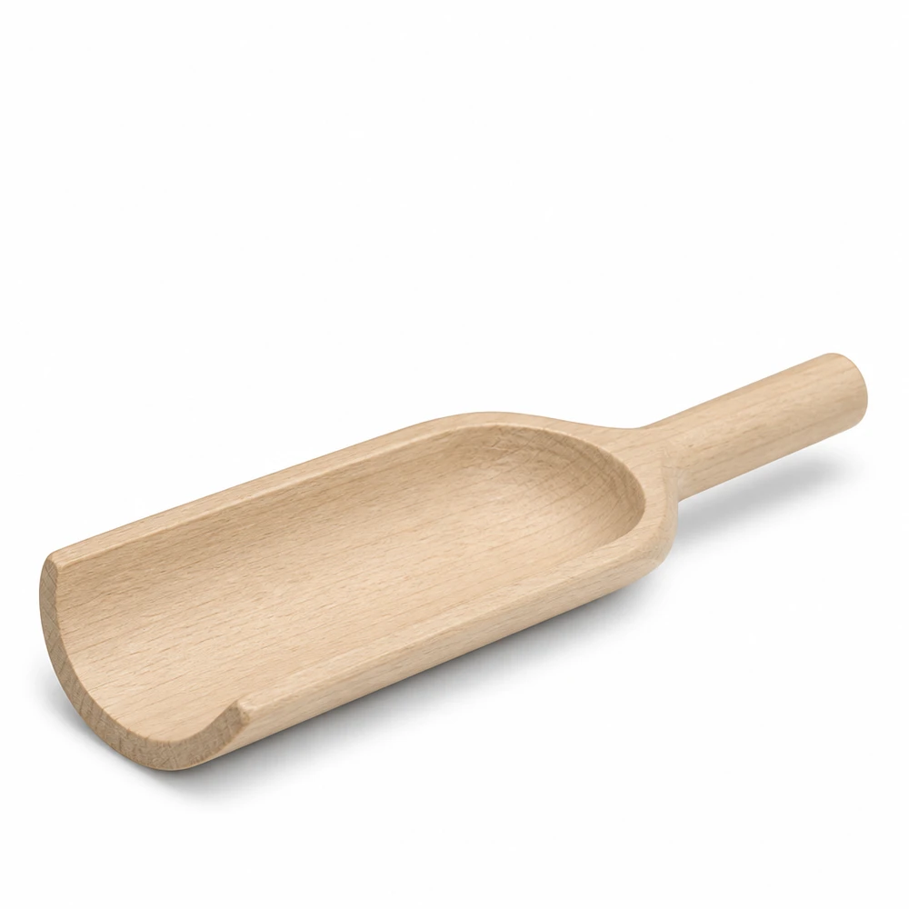Pala in legno L 18 cm forma piatta vista laterale mostra il manico ergonomico e la lama della pala in legno naturale
