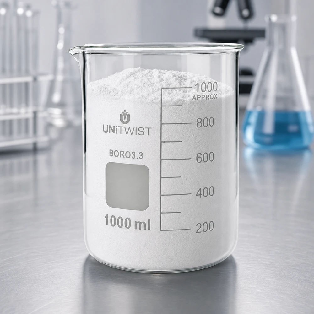 Bicchiere da 1000 ml in borosilicato, stampo basso UNiTWIST Bicchiere da laboratorio UNiTWIST da 1000 ml in borosilicato, di forma bassa, riempito con polvere bianca