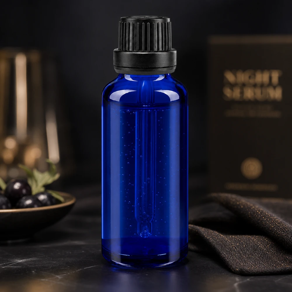 Elegante flacone contagocce da 30 ml in vetro da farmacia blu cobalto con tappo a vite scanalato di colore nero