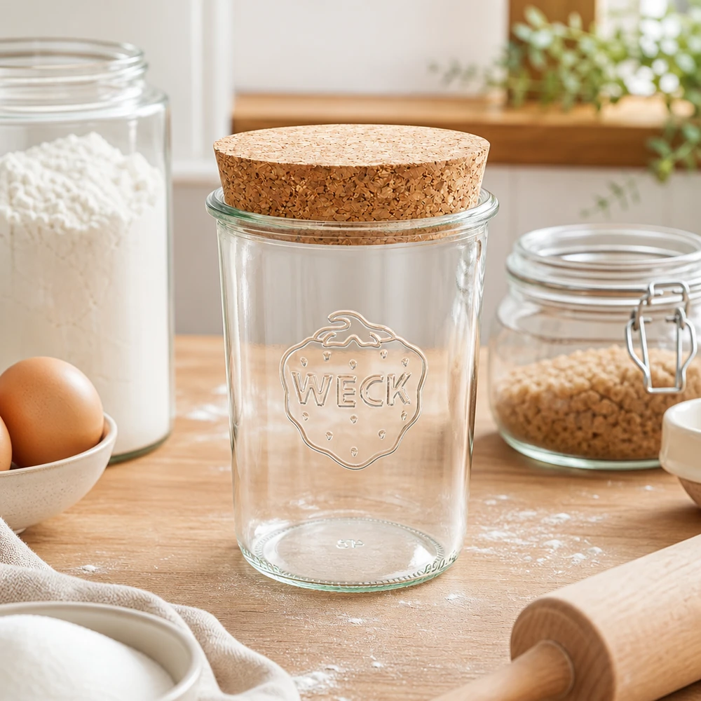 WECK tumbler 850ml RR100 con sughero naturale sul piano di lavoro della cucina tra farina, uova e utensili da forno Scena di cucina