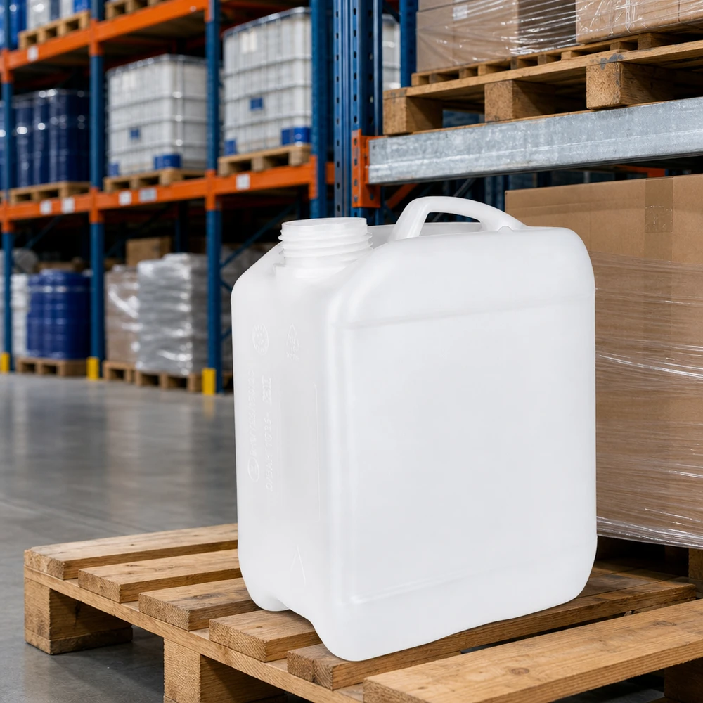 Tanica 2,5 litri senza tappo Tanica da 2,5 litri senza coperchio su pallet di legno in un magazzino industriale con scaffalature a grande altezza