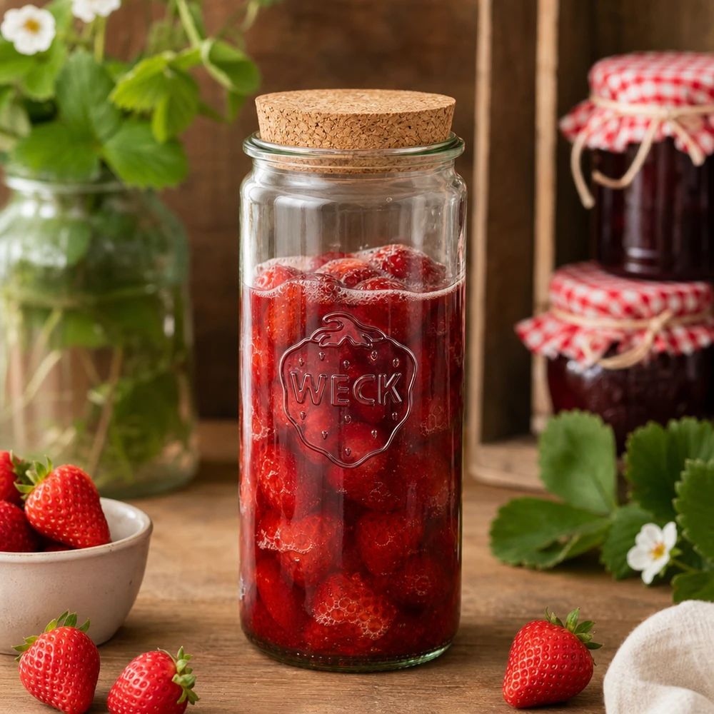 WECK barattolo cilindrico 1040ml RR80 pieno di fragole coperchio in sughero barattolo da conservazione cucina