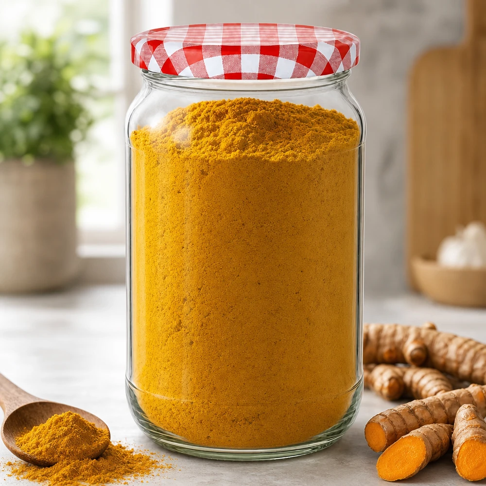 Barattolo rotondo da 1062 ml + coperchio BasicSeal rosso/bianco UN.. Barattolo rotondo da 1062 ml con coperchio BasicSeal riempito di polvere di curcuma accanto a radici di curcuma fresche in una cucina moderna