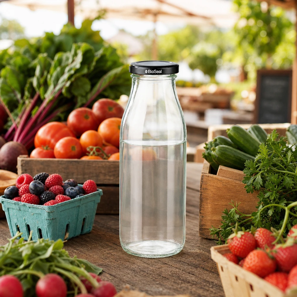 Bottiglia di vetro da 500 ml + coperchio BioSeal nero UN.. 500ml Glasflasche mit BioSeal Deckel zwischen frischem Marktgemüse Beeren und Kräutern in natürlicher Umgebung