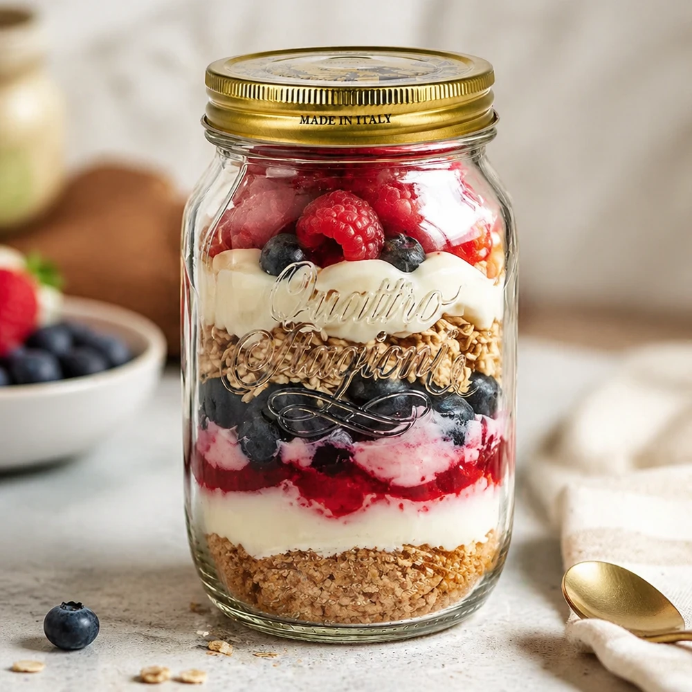 Barattolo rotondo "Quattro Stagioni" da 1000 ml con coperchio Quattro Stagioni Vaso da 1000 ml riempito con dessert a strati frutti di bosco yogurt granola Vaso da conserva italiano Applicazione