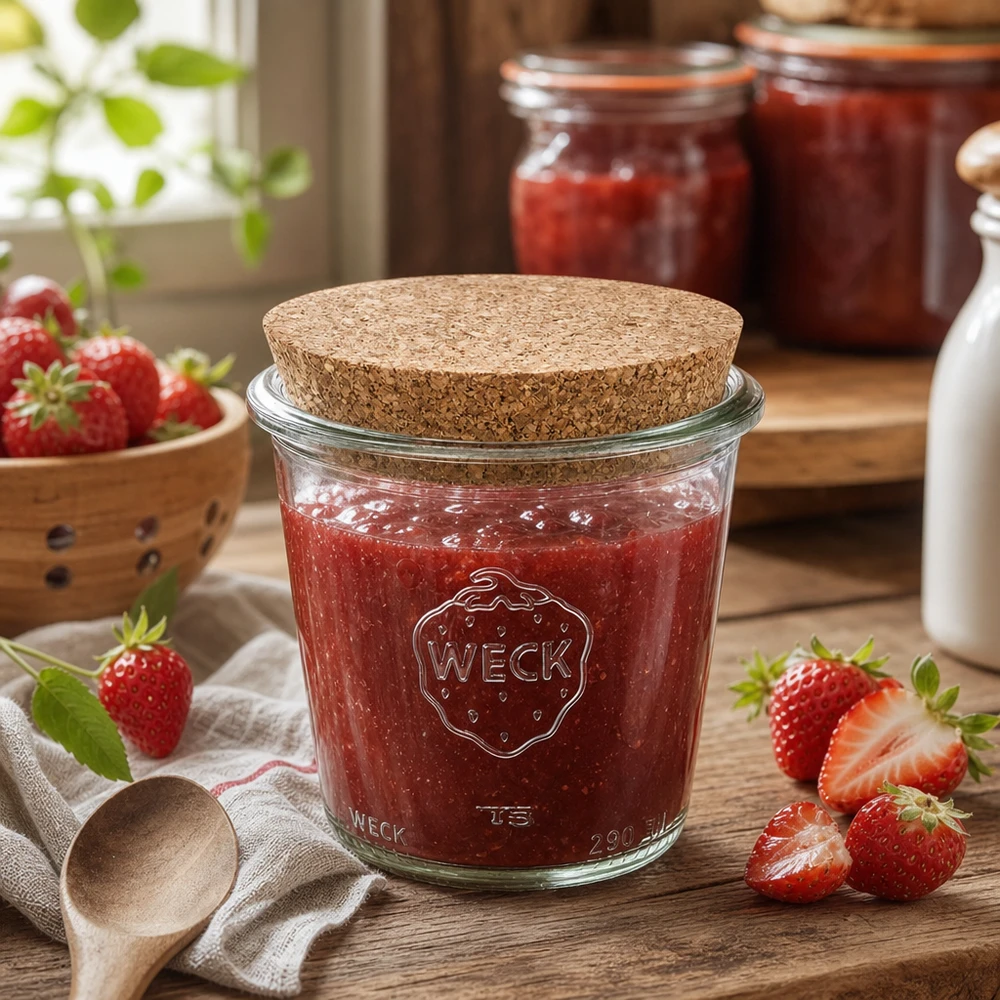Barattolo da conserva WECK da 290 ml con coperchio in sughero riempito di marmellata di fragole in cucina rustica con fragole fresche