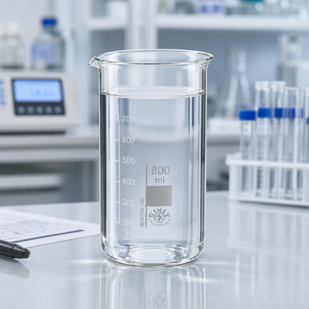 Bicchiere da laboratorio da 800 ml, forma alta, contenente un liquido trasparente fino a un livello di 700 ml, su un tavolo da laboratorio bianco