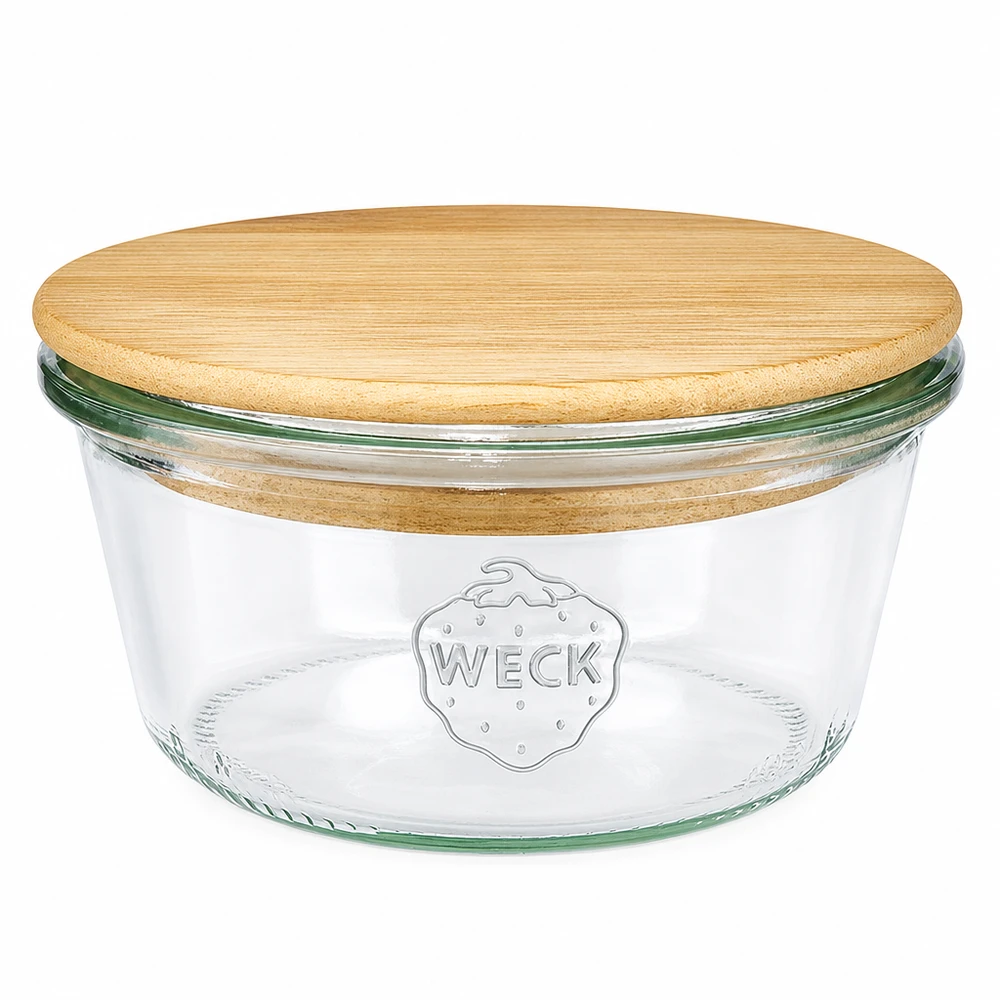 WECK tumbler 290ml basso RR100 con coperchio rotondo in legno di bambù, barattolo per conserve con logo WECK su sfondo bianco