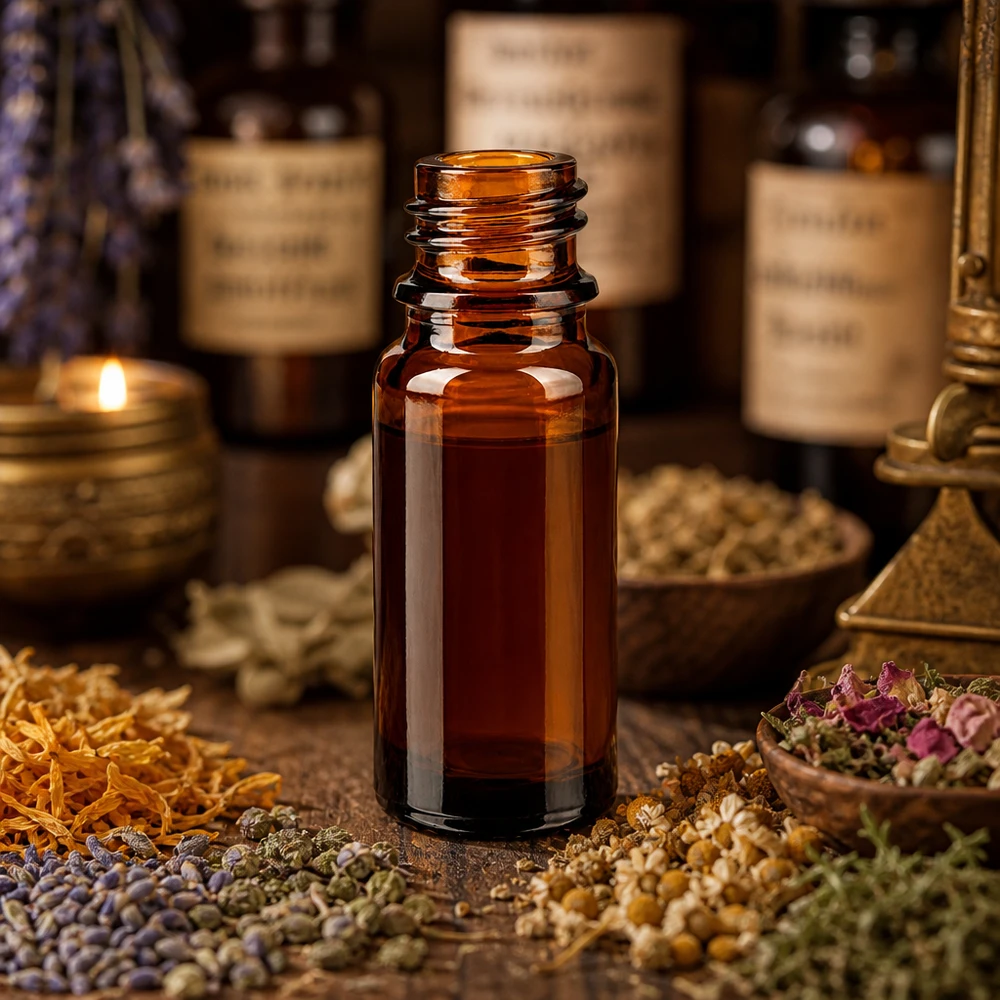Flacone da 10ml marrone da farmacia ApoGlas tra erbe e spezie essiccate in farmacia tradizionale
