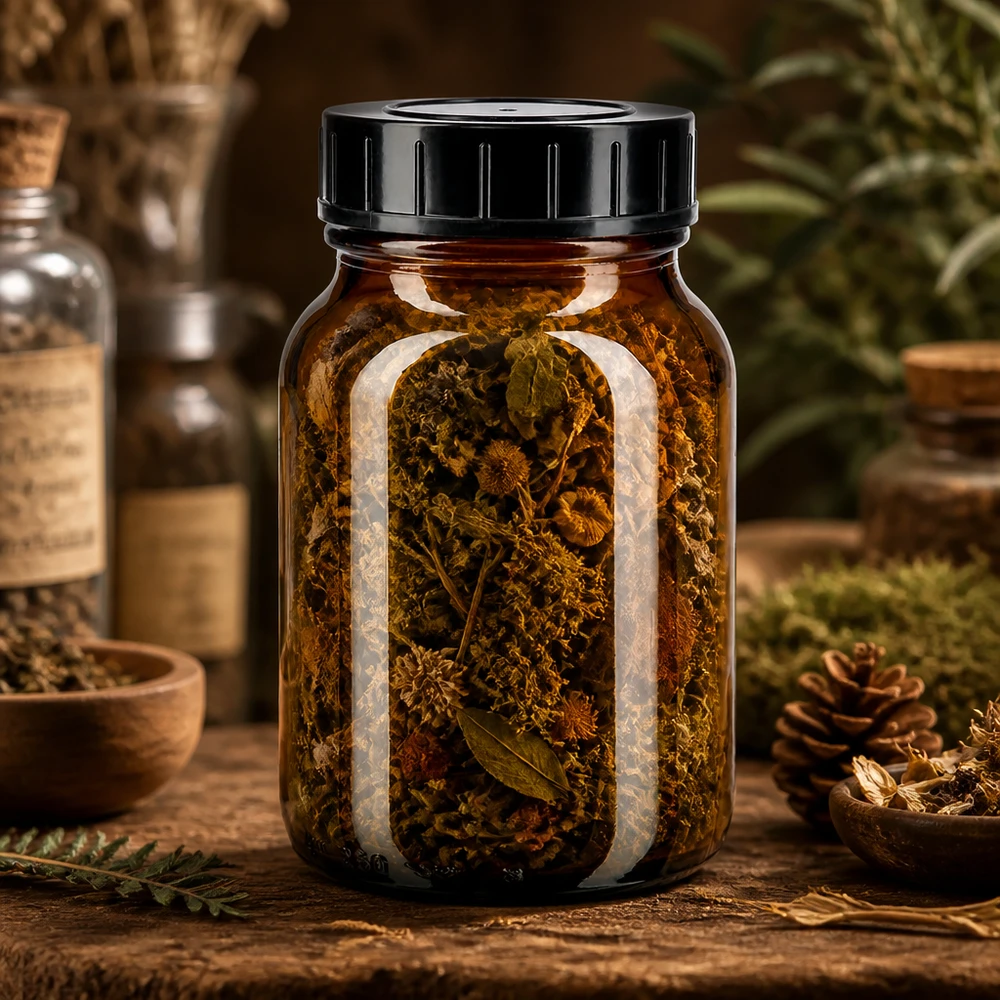 Bottiglia a collo largo da 250 ml in vetro ambrato con tappo a vite Bottiglia da speziale 250ml in vetro ambrato con tappo a vite per la conservazione professionale di erbe e tè